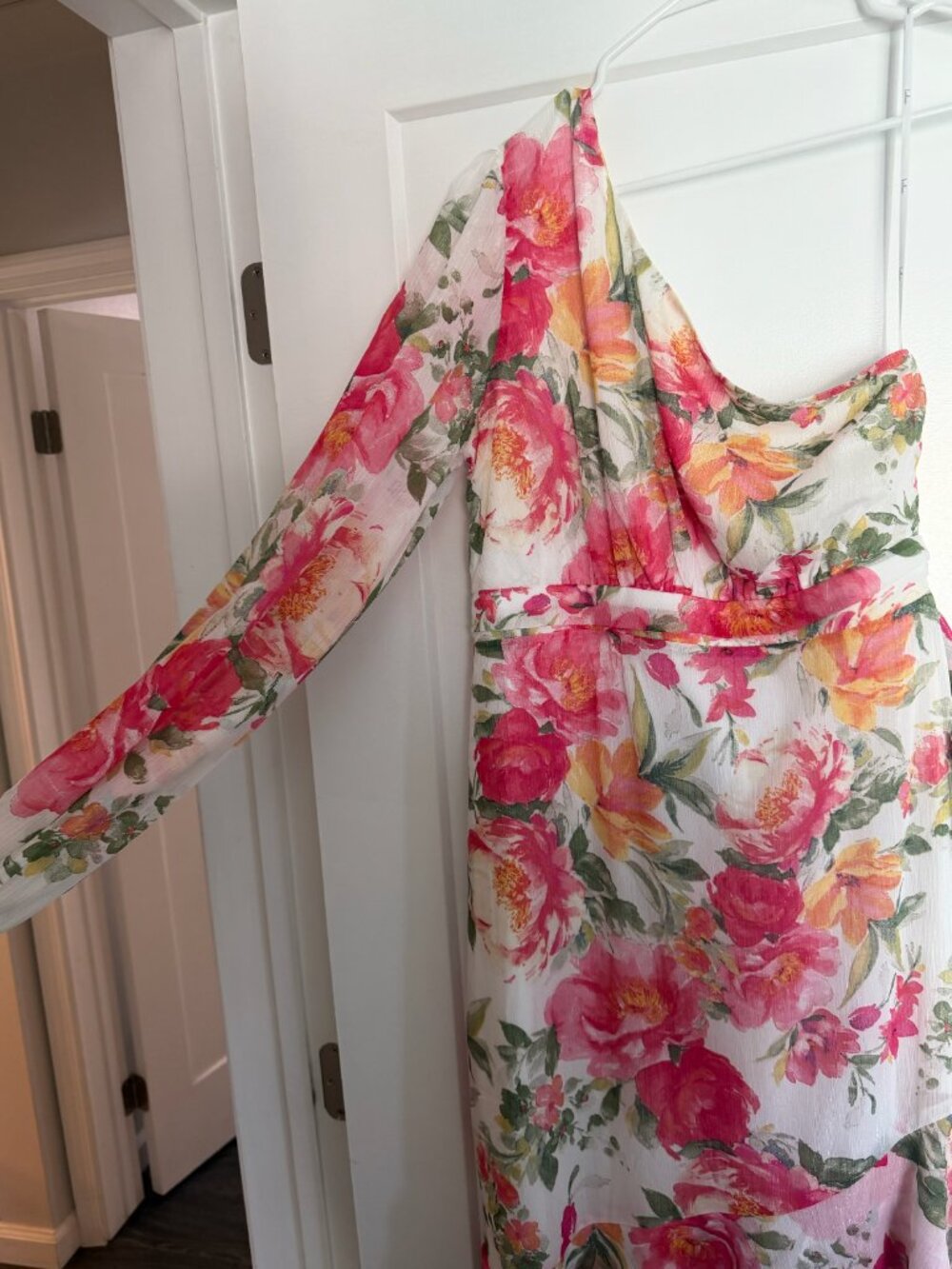 Lulu's Graceful Essence Long Sleeve Asymmetric Hem Dress, LARGE, WHITE FLORAL - Picture 8 of 9